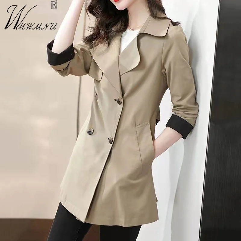 

Женский классический двубортный плащ, Офисная ветровка средней длины, приталенные модные пальто, однотонная женская одежда