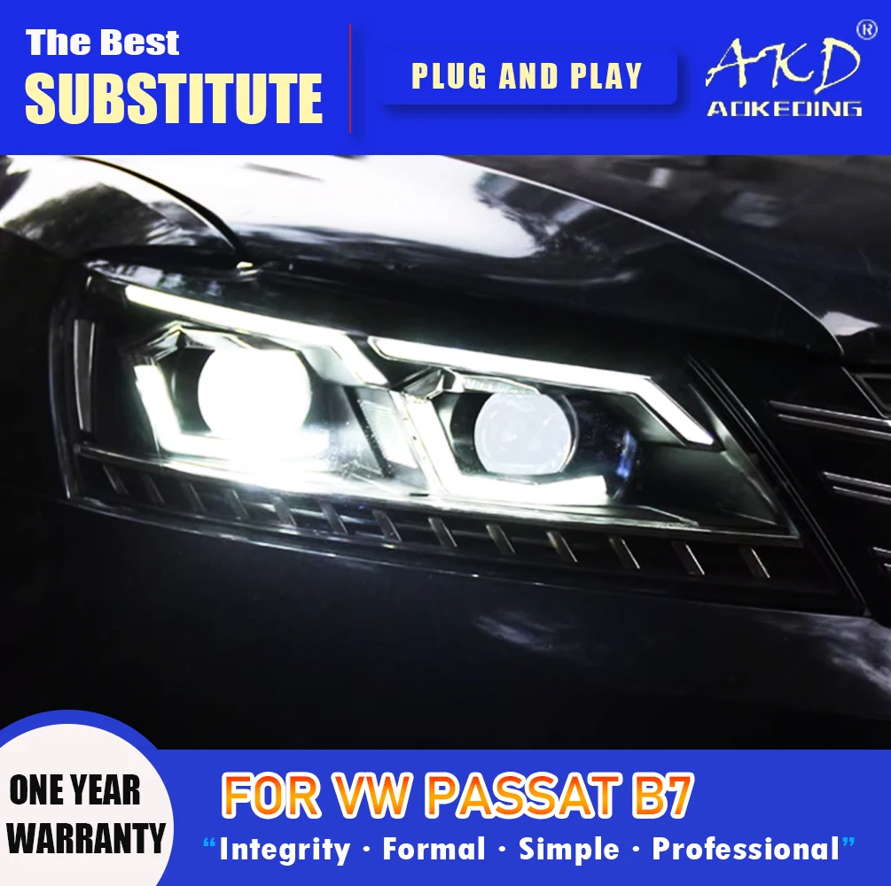 Фото Фара AKD для VW Passat B7, светодиодная фара 2011-2016, версия для США, с дневными ходовыми огнями, указателями поворота, дальним светом, ангельскими глазками и проекционной линзой. №3