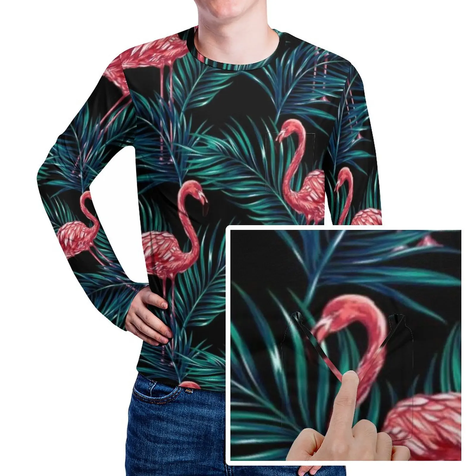 

Футболка с рисунком тропического фламинго, птиц, модные футболки с принтом зеленых листьев, с карманом, дизайнерские Топы с длинным рукавом, весенние веселые футболки оверсайз