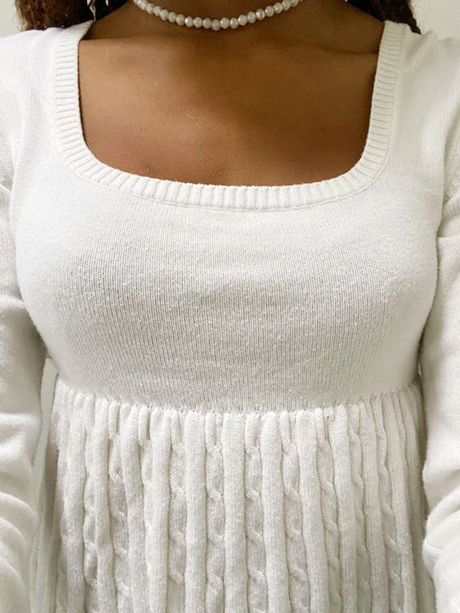 Women s Spring Autumn Knitted Tops Solid Color Long Sleeve U Neck Cable Knitwear