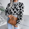 Fashion knitted o neck sweater for women pullover Autumn and winter leisure leopard print waist knit short sweater jumpers tops 3