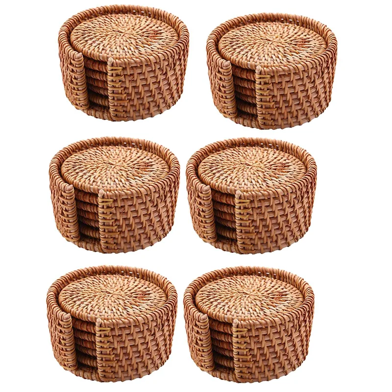 

36Pcs/ Drink Coasters Set for Kungfu Tea Accessories Round Tableware Placemat Rattan Weave Cup Mat Pad Diameter 8cm