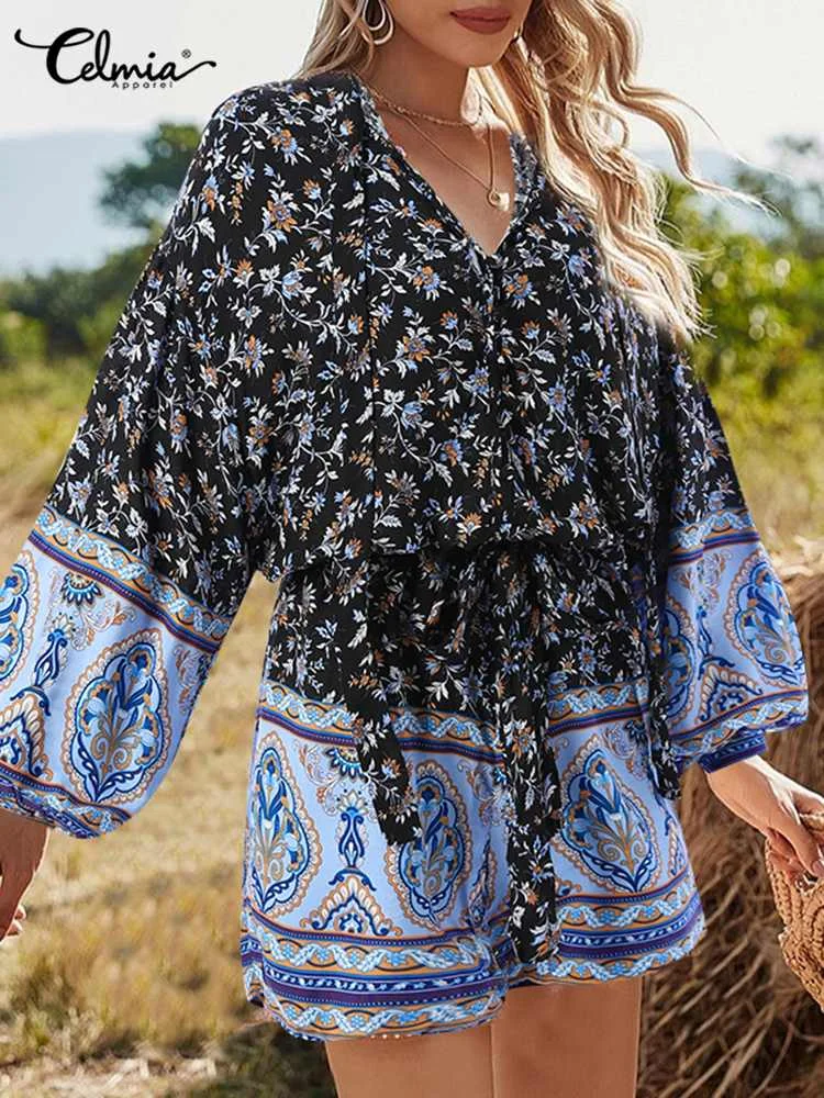 

Bohemian Fashion Rompers Celmia Women Floral Printed Lantern Sleeve Short Jumpsuits 2022 Summer Holiday V-neck Bandage Overalls