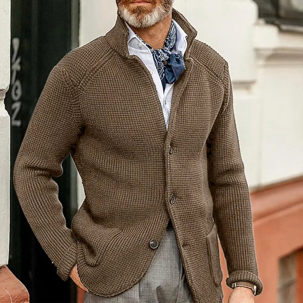 

Stylish Sweater Coat Thickened Coldproof Soft Men Solid Color Buttons Knitted Sweater Coat