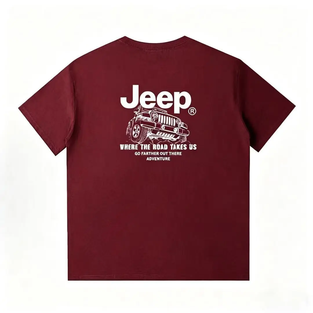 Фото Мужская футболка JEEP из 100% хлопка, 230 г, с коротким рукавом, с американским уличным принтом, с круглым вырезом, свободного кроя, повседневная, универсальная, летняя. №5