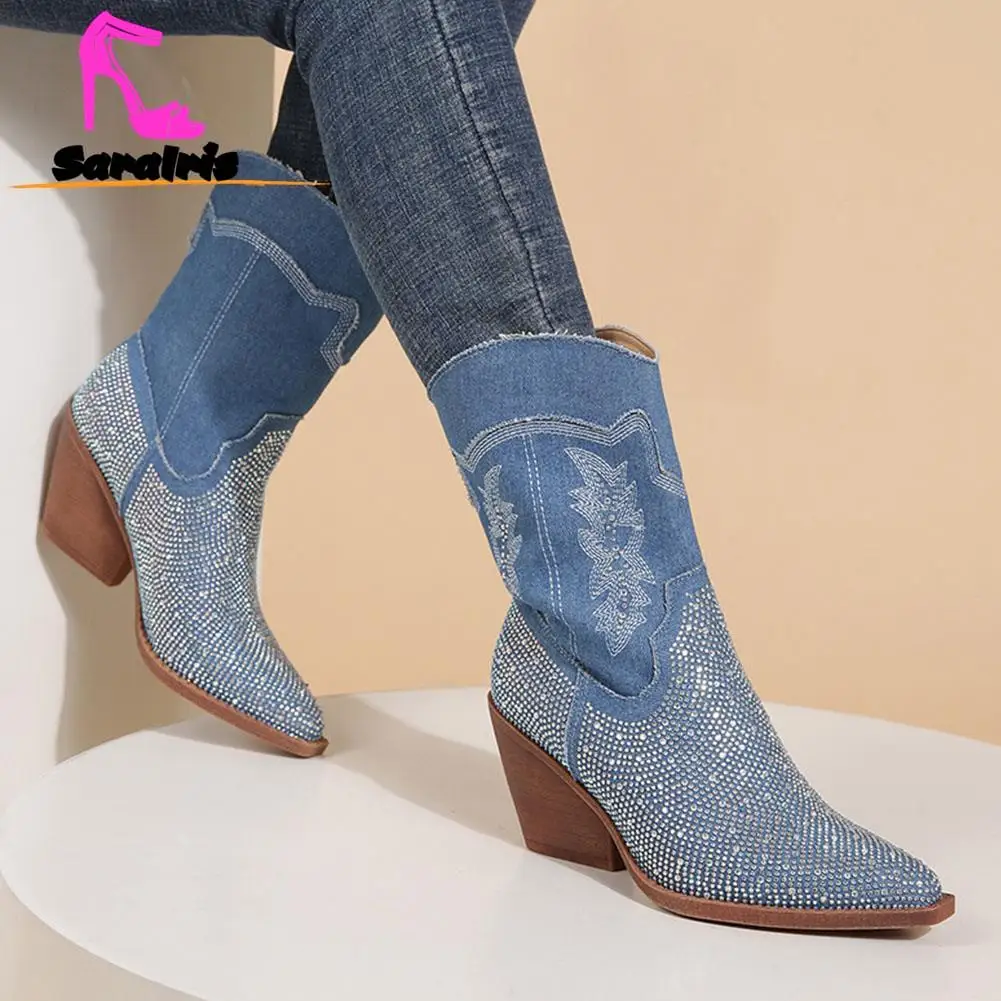 Cowboy Western Boots 2023 Autumn Winter Pointed Toe Patchwork Rhinestones Mid Calf Boots Comfy Walking Embroidery Ladies Boots