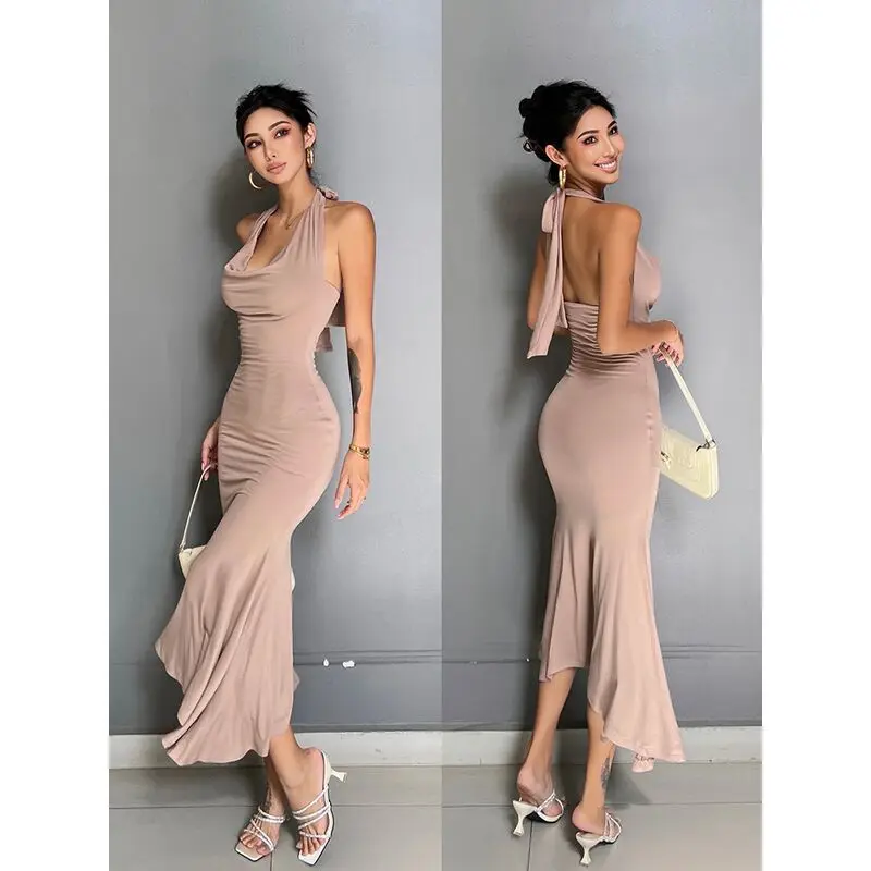 

Halter Dress for Women Elegant Midi Bodycon Dress Ladies Solid Strapless Clothing Femme Ladies Fashion Summer Vestidos Dress G20