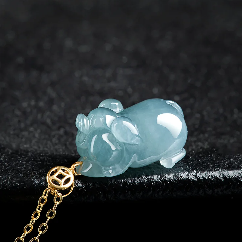 

Natural Myanmar A-goods Jadeite Blue Water Fortune Zodiac Pig Pendant 18K Gold Ice Jade Charms Wholesale For Men and Women