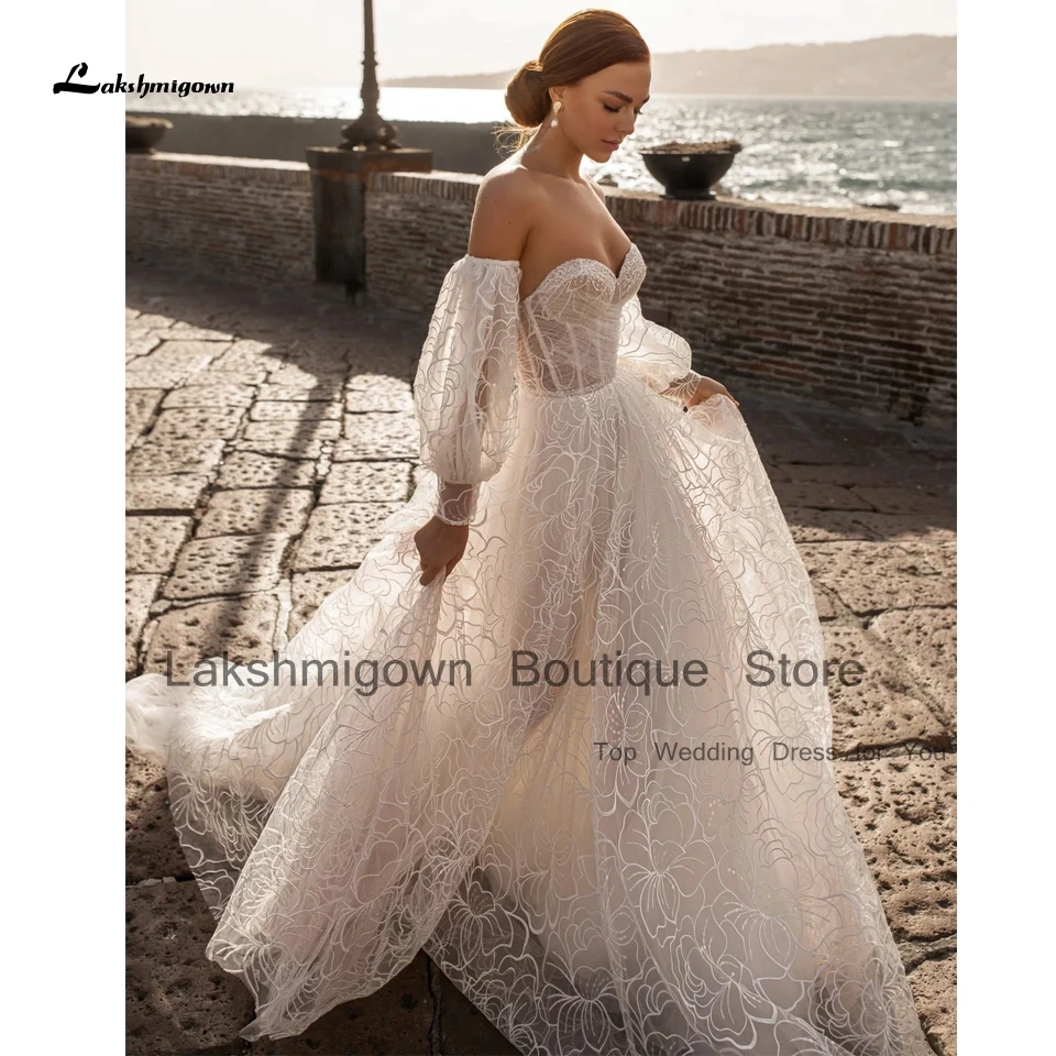 

Lakshmigown Vintage Lace Boho Wedding Dress Beach Summer 2023 Puffy Long Sleeve Civil Bridal Beach Wedding Gowns Robe de Mariee