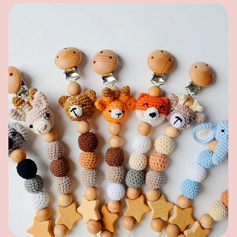 

1pc Baby Pacifier Dummy Luxury Nipple Chain Soother Feeder Pacifier Woollen Yarn Crochet Beads Panda Rabbit Teething Toy