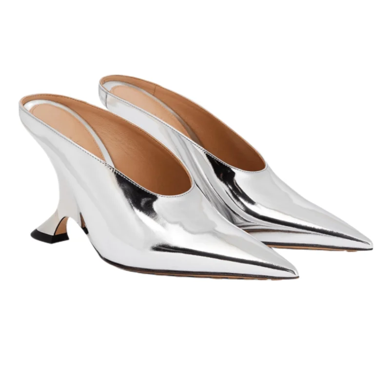

Summer Pointy Toe Shallow Mouth Patent Leather Wedge Slippers 2023 New Runway Model Silver High Heels Sexy Women's Shoes BV-1
