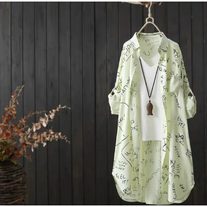 Рубашка средней длины с длинными рукавами и буквенным принтом 2022 женский летний