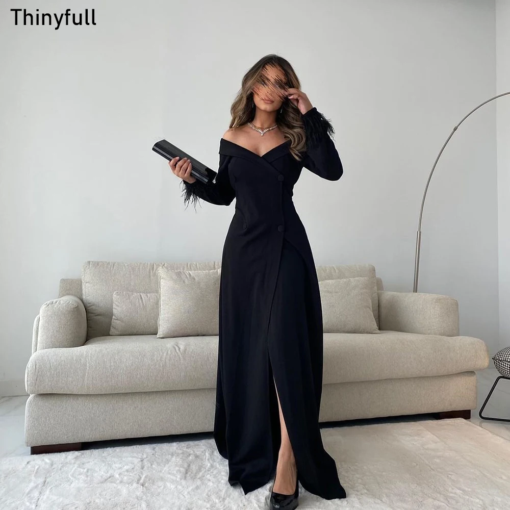 

Thinyfull Black Saudi Arabia Prom Dresses V-neck A-line Off Shoulder Long Sleeves Formal Occasion Dresses Split Evening Gown