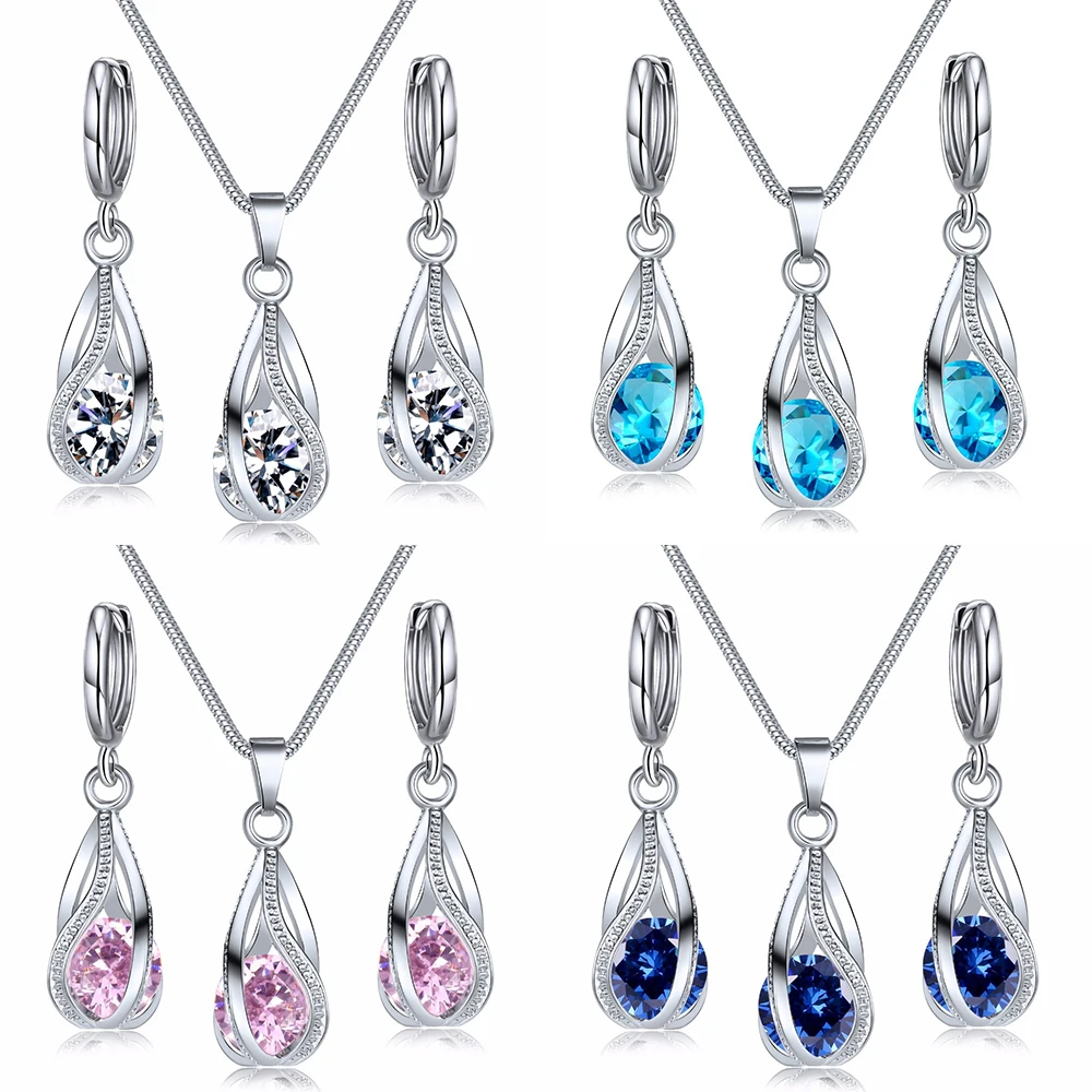 

Wedding Jewelry Sets Luxury Wedding Engagement Trendy Shiny Crystal Pendant Necklace Earrings Jewelry Set For Women Jewelry