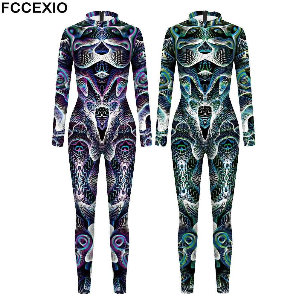 FCCEXIO Women Cosplay Fancy Sexy Jumpsuit Abstract Geometry Print Festivals Party Long Sleeve Bodysuit Jumpsuits monos mujer