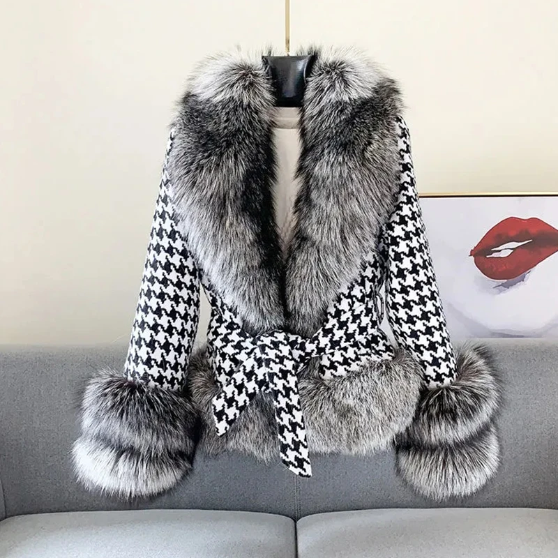 

Fur Coat Female 2022 Autumn Winter New Fashion With a Thousand Bird Check Lace-up Furry Warm Silver Fox Fur Jacket Women