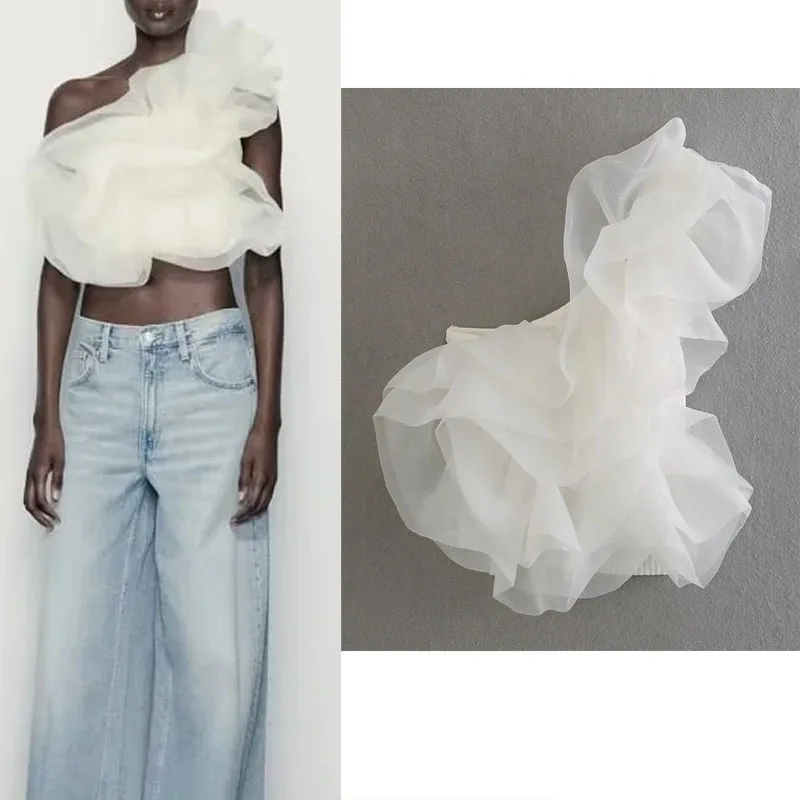 

Белый Асимметричный укороченный топ TRAF 2023, элегантная женская одежда из тюля с оборками, пикантные топы с открытыми плечами, корсет, топ, летняя майка
