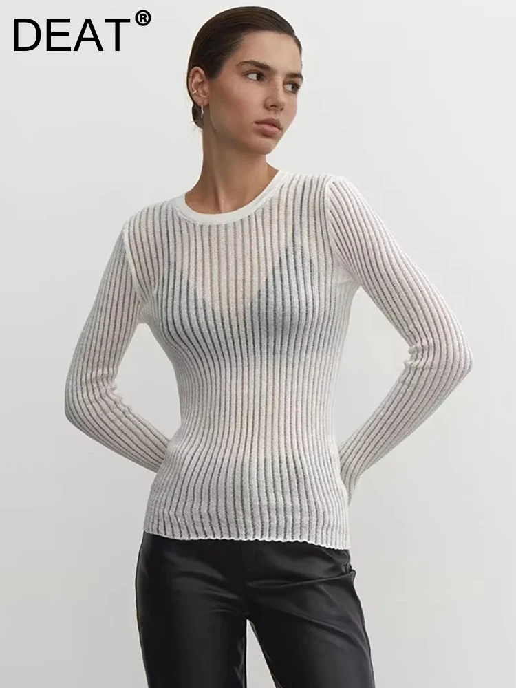 

DEAT Fashion Women Sweater O-neck Long Sleeve Perspective Knitting Elastic Solid Color Thin Tops Female Autumn 2023 New 17A6704