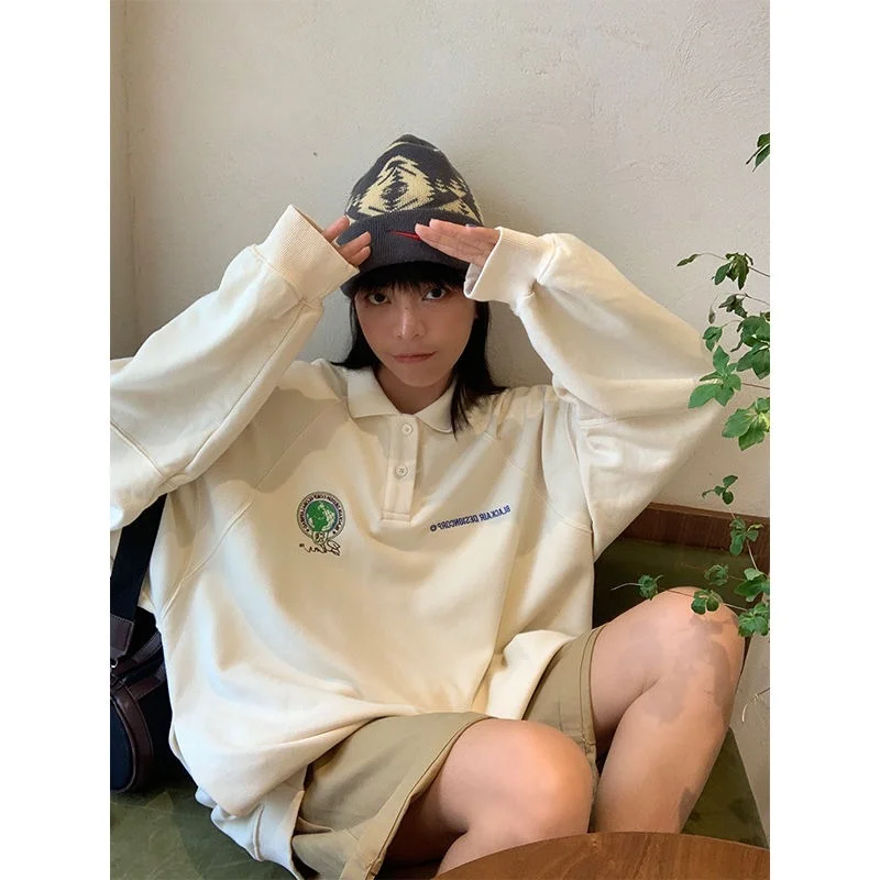 

Polo Sweatshirt Hoodie Oversized Women Clothes Beige Pullover Long Sleeve Spring 2022 Sweatshirts Casual One Piece Students Top