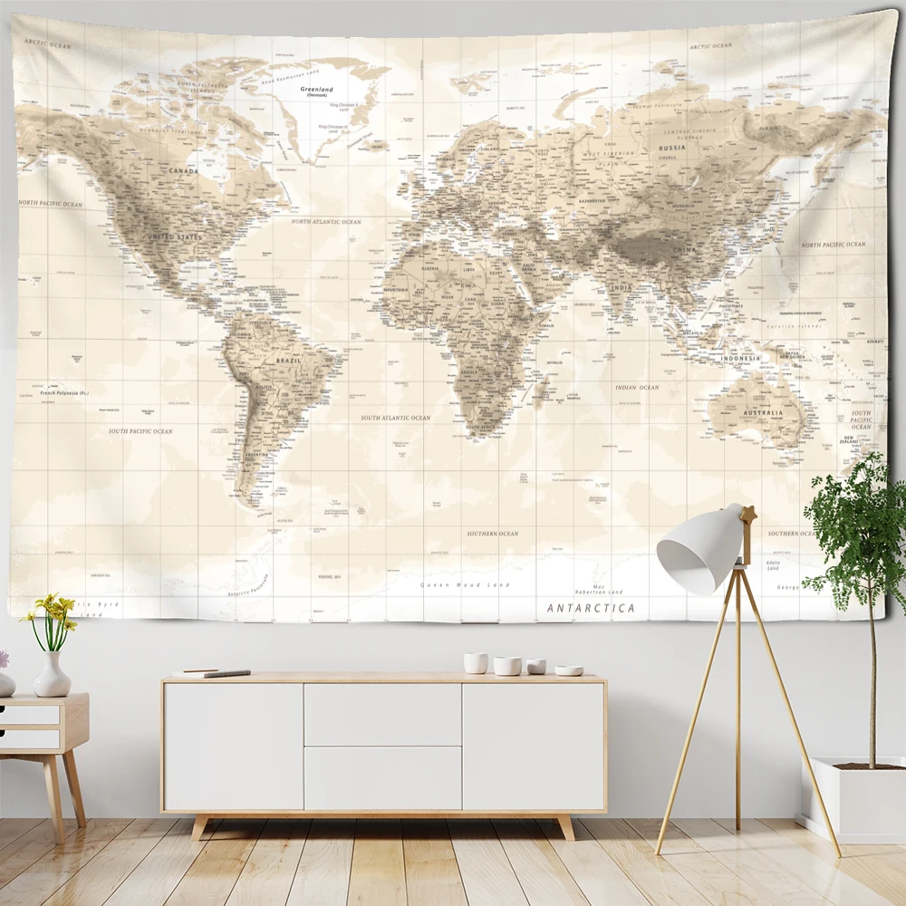 Желтый гобелен в стиле ретро с картой настенный бохо Минималистичная