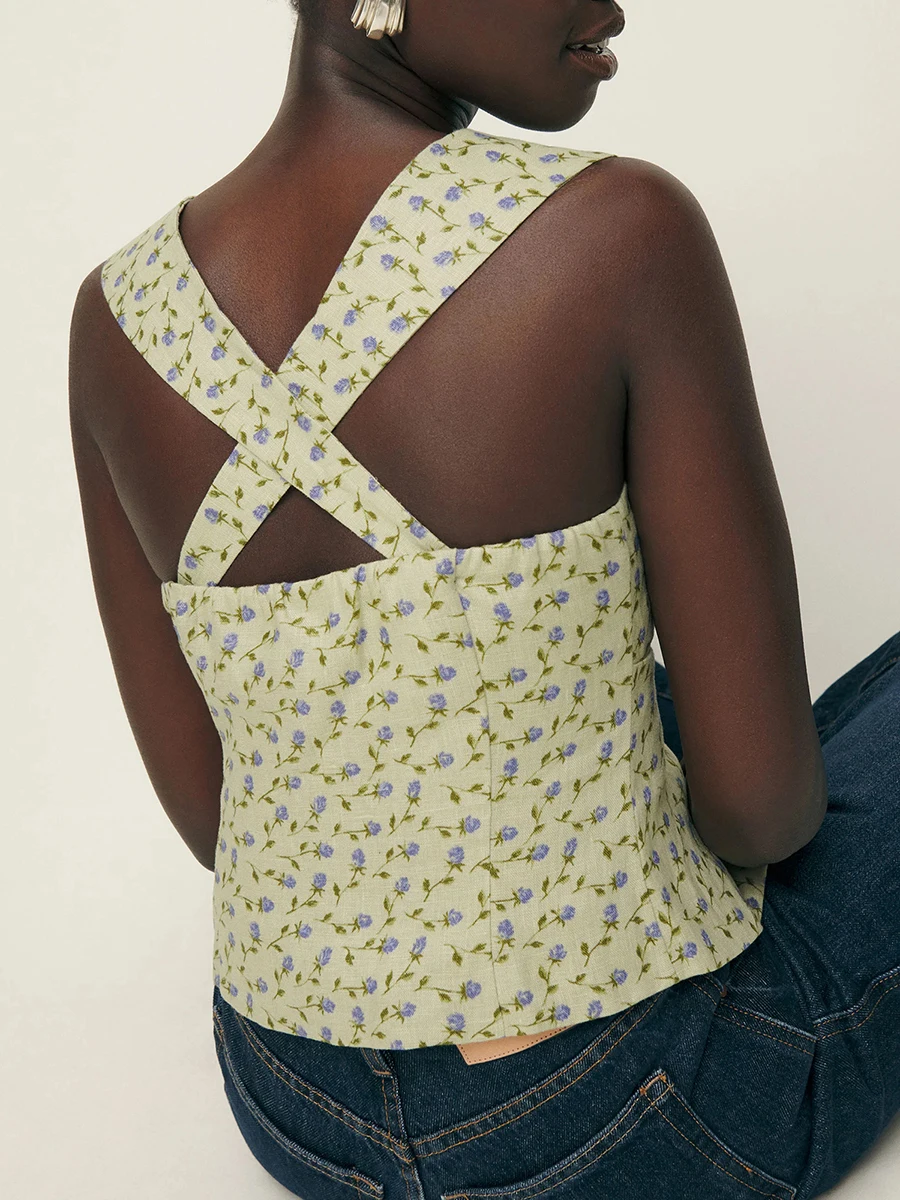 Женская майка без рукавов с открытой спиной и цветочным принтом