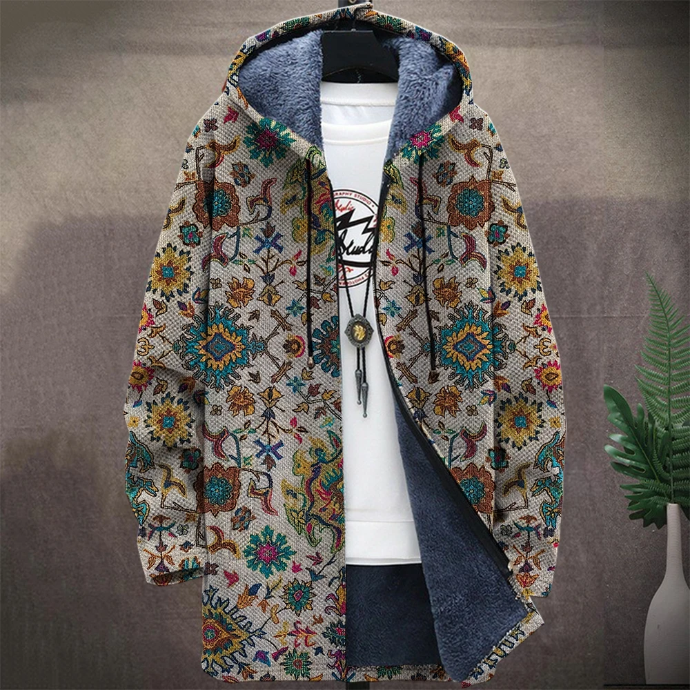 Men'S Native Retro Aztec Block Graphic Winter Coat Print Pattern Knitted Sweater Cardigan Zipper Hooded Thick Fleece For Youth