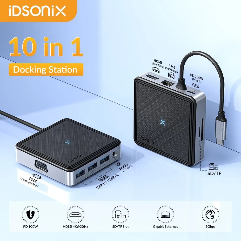 

Док-станция iDsonix с разными портами USB 3,0, 100 Вт, 5 Гбит/с