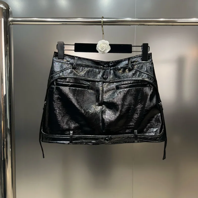 

Женская короткая юбка из искусственной кожи PREPOMP, черная облегающая юбка с множеством пуговиц, имитация карманов и кулиской, GL585, осень 2023
