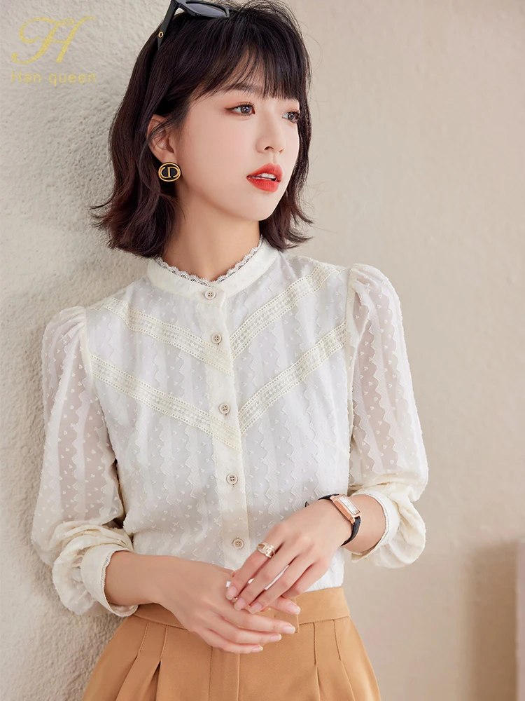 

Новинка 2023, простые базовые корейские женские винтажные Топы H Han Queen, Повседневная шифоновая блузка с длинным рукавом, женская одежда для ра...