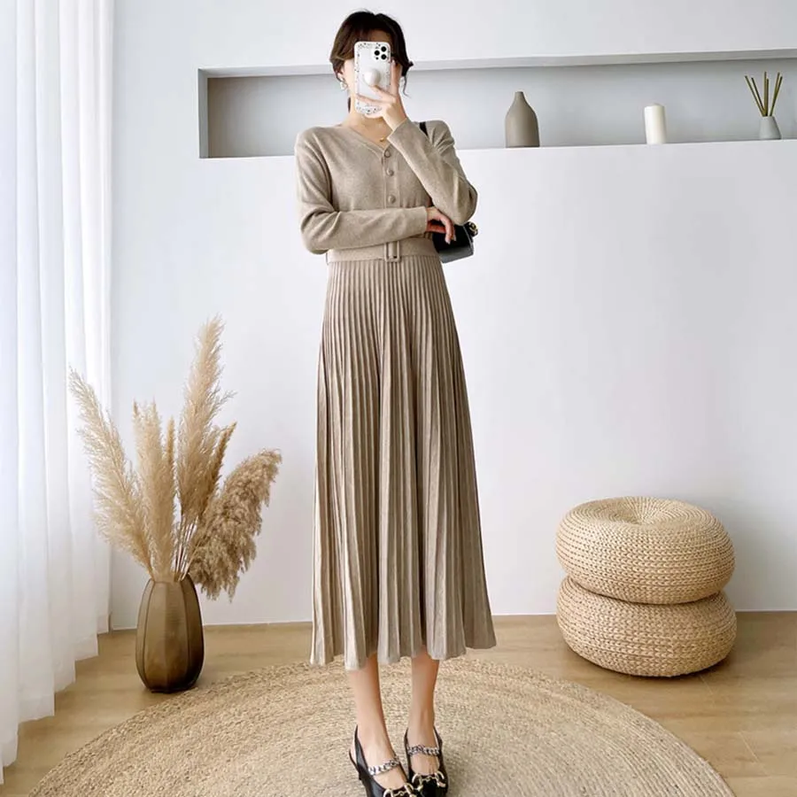 

Elegant V-neck Single-breasted Women Thicken Sweater Dress Autumn Winter Knitted Belted Female A-line soft dresses Dropshipping