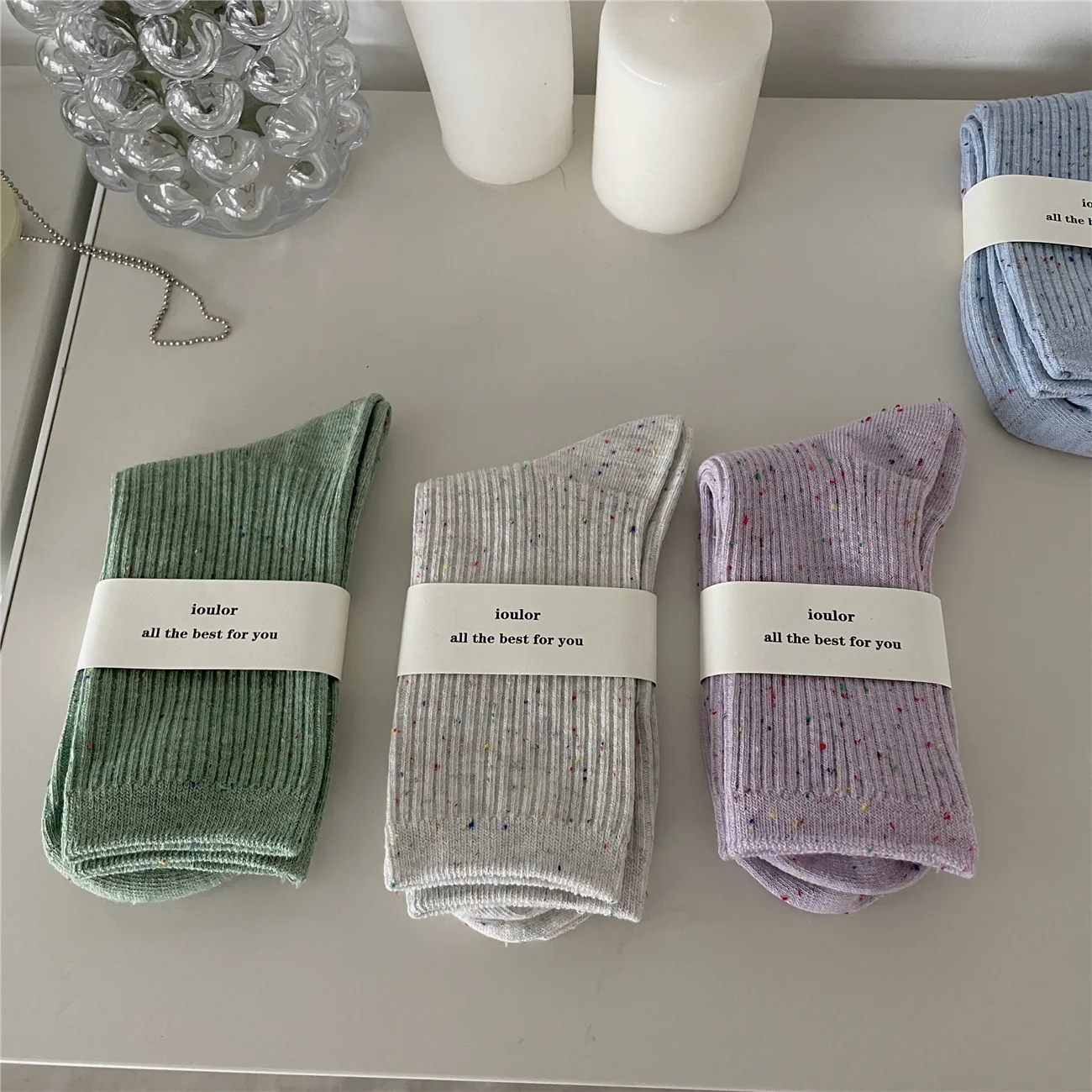 Winter Tweed Crew Socks for Women Cotton Marled White Purple Striped Rainbow Knee High Socks 7 Pairs/ Lot