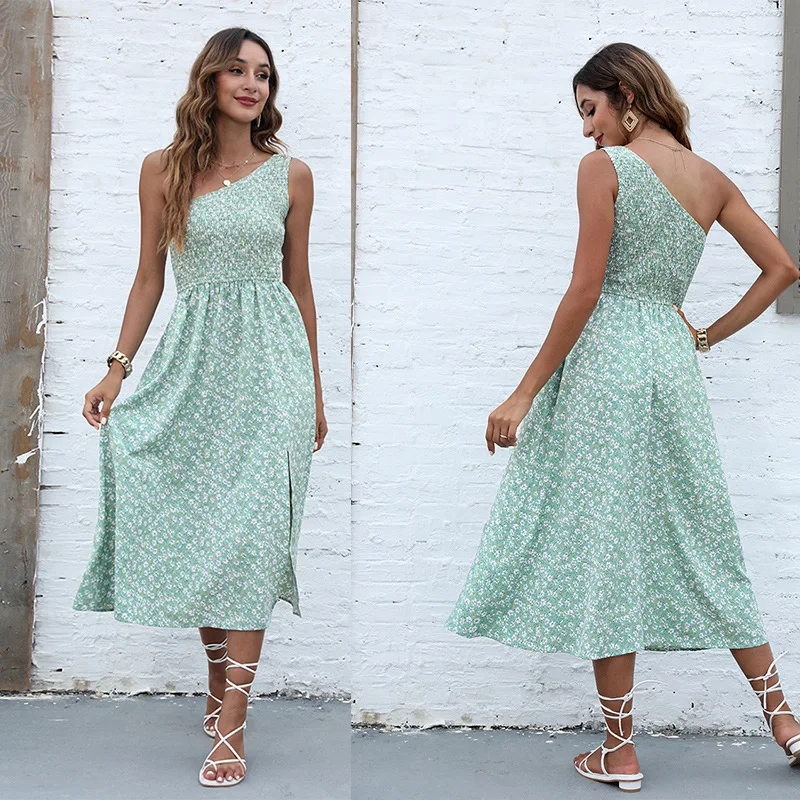 

Summer New Women's Dress Oblique Shoulder Print Dress Beach Dress