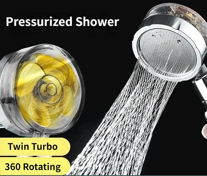 

Pressurized Shower Head Water Saving Flow 360 Rotating Twin Turbo Pressurized Propeller Fan Shower Head Bathroom Accessories