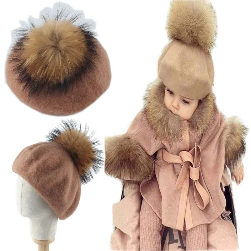 

Children Real fur pom pom berets for kids girls Winter baby warm thick wool beret hat Pumpkin artist french hat with pompom