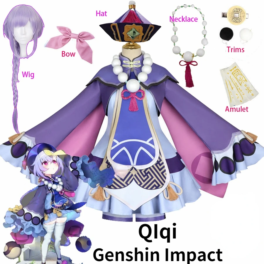 

Аниме проект Qiqi Косплей Костюм Genshin ударопрочный зомби девушка платье шляпа обувь аниме парик Хэллоуин одежда Рождественский Костюм