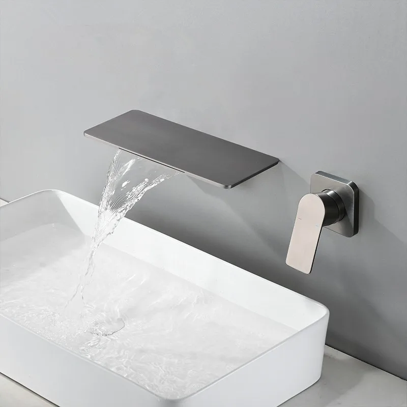 

Gun Grey Soild Brass Bathroom Basin Faucets Sink Mixer Hot & Cold In-Wall Single Handle 2 Holes Lavatory Crane Waterfall Taps