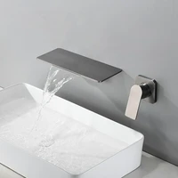 gun grey soild brass bathroom basin faucets sink mixer hot cold in wall single handle 2 holes lavatory crane waterfall taps