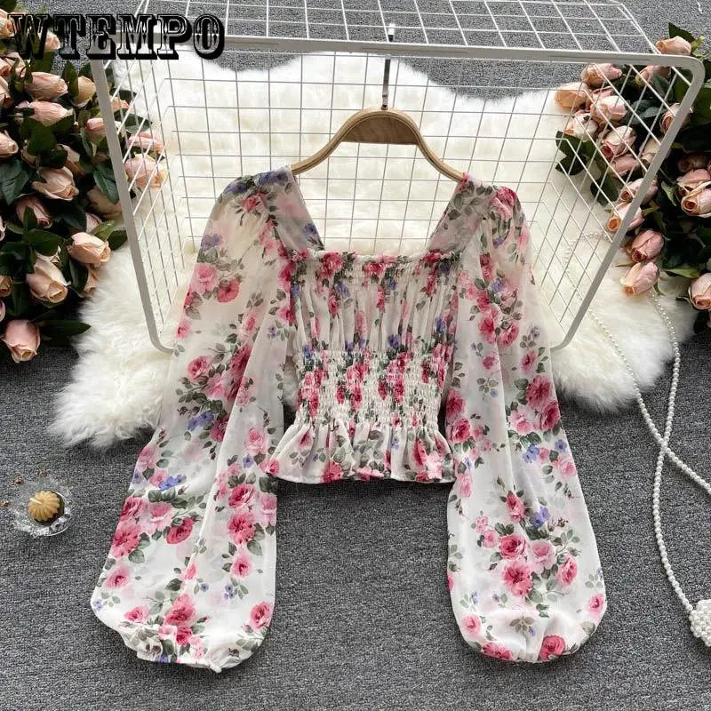 

Floral Chiffon Shirt Women's Short Top Sexy Exposed Collarbone Square Neck Bubble Balloon Sleeves Shirts for Women Wholesale