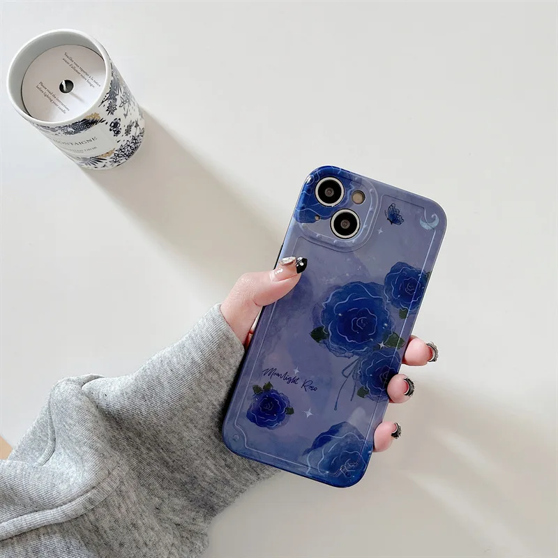 

Cute Blue Rose Flower Phone Case For iPhone Pro Max X Xs XR Silicone Shockproof Soft Cover
