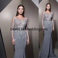 silver sexy mother of bride dresses beaded sequins mermaid mother of groom dresses long sleeves formal evening party gowns