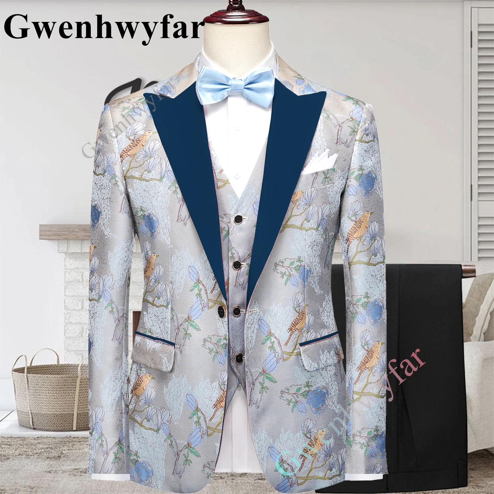 

Gwenhwyfar Newest Costume Homme Navy Blue Collar Groom Tuxedos Peaked Lapel Groomsmen Mens Wedding Prom Suits Jacket+Pants+Vest