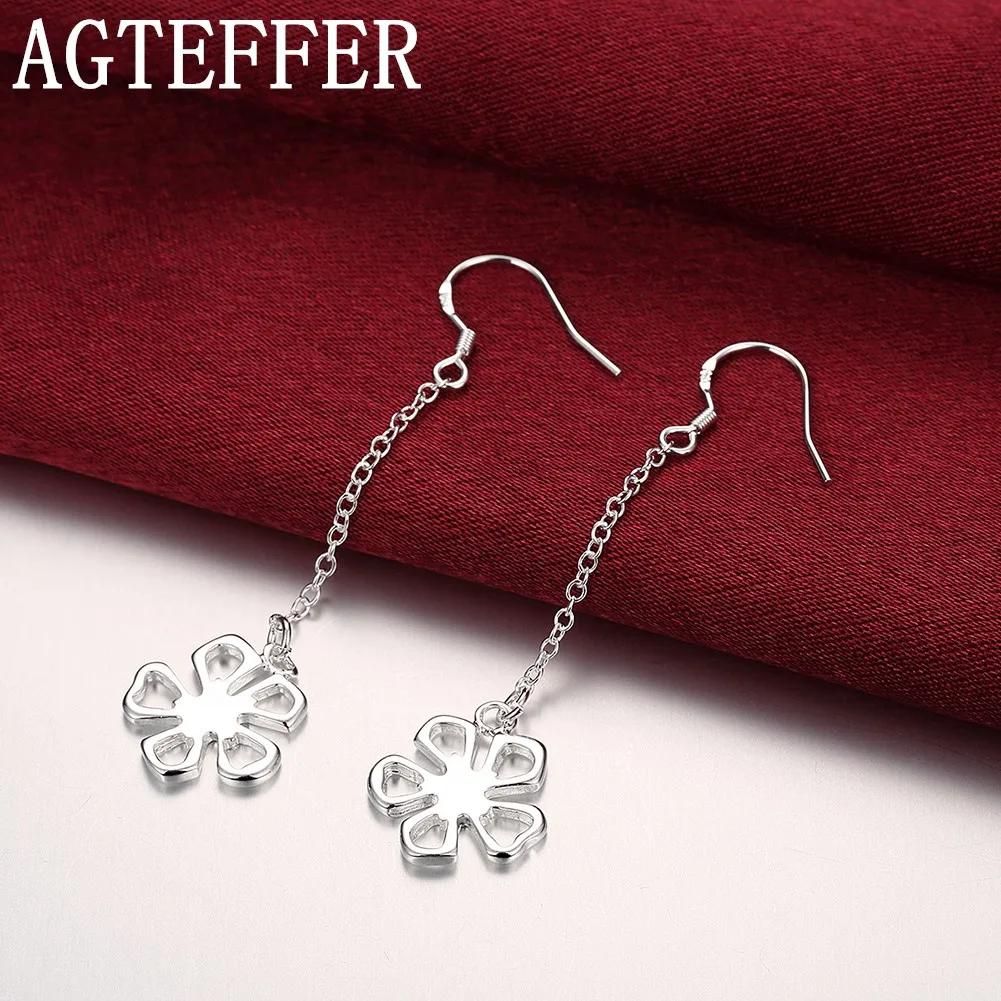 

AGTEFFER 925 Sterling Silver High Quality Women's Jewelry Hanging Five-Leaf Flower Long Earrings Hanging Drop Earring Jewelry