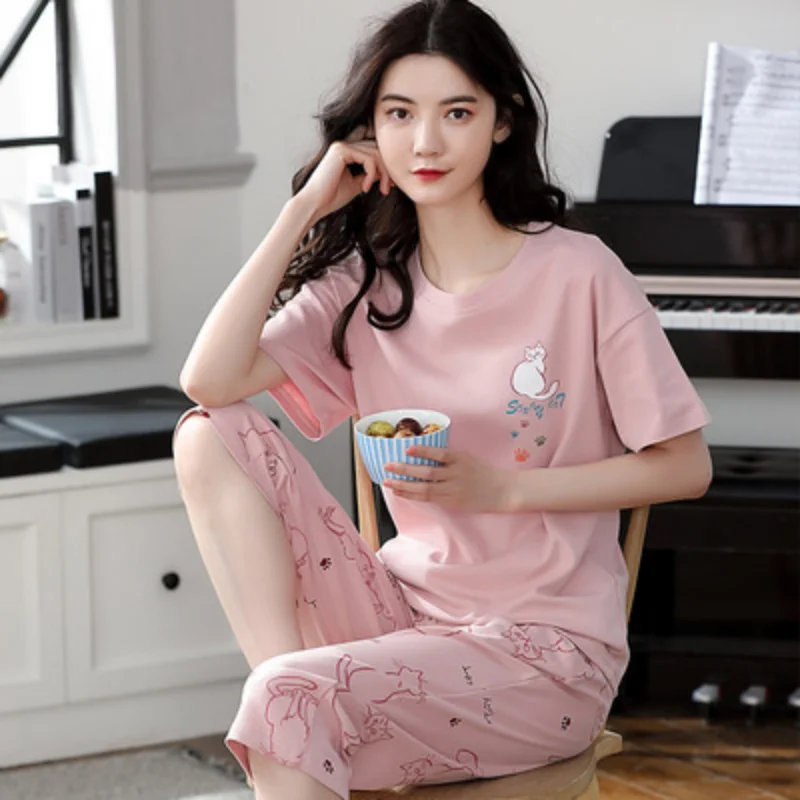 Pajamas women's summer short-sleeved cropped pants thin section cartoon girls plus home service suit spring and autumn