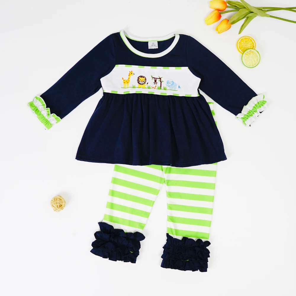 0-8Yrs Girls‘ Navy Blue Suits l Outfits With Cartoon Animal Embroiderey Round Neck Set Casual Dress Top Pants With Strip For Kid