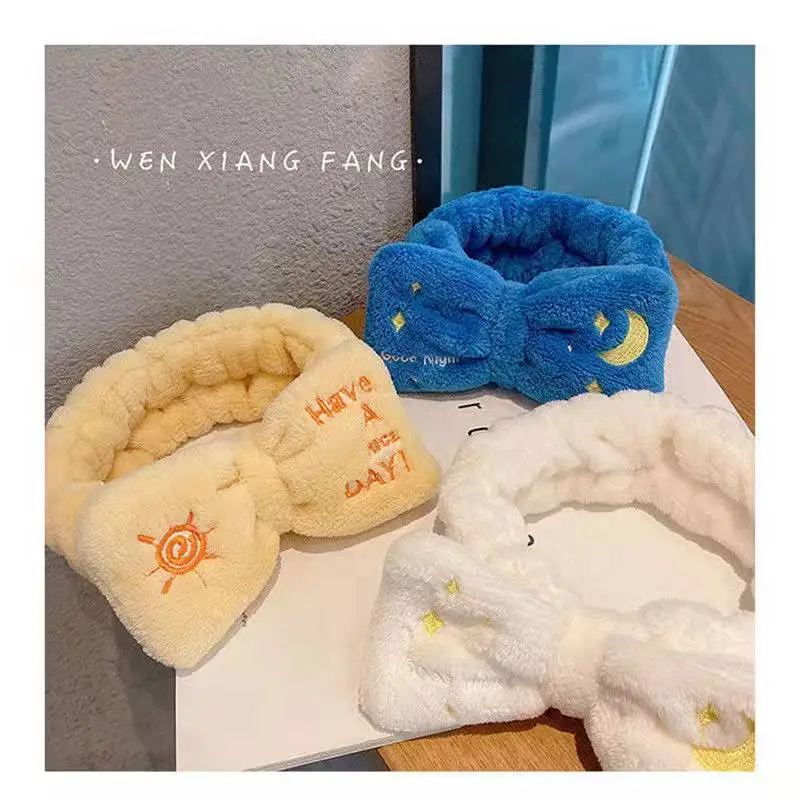 

Ladies Embroidery Bow Fashion Moon Sun Coral Fleece Headband Girls Face Wash Makeup Wide Brim Headband Cute Headwear