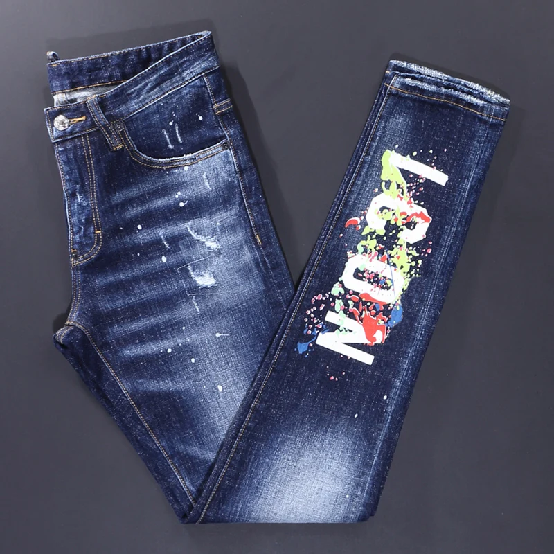 High Street Fashion Men Jeans High Quality Retro Blue Elastic Vintage Slim Ripped Jeans Men Printed Designer Brand Pants Hombre