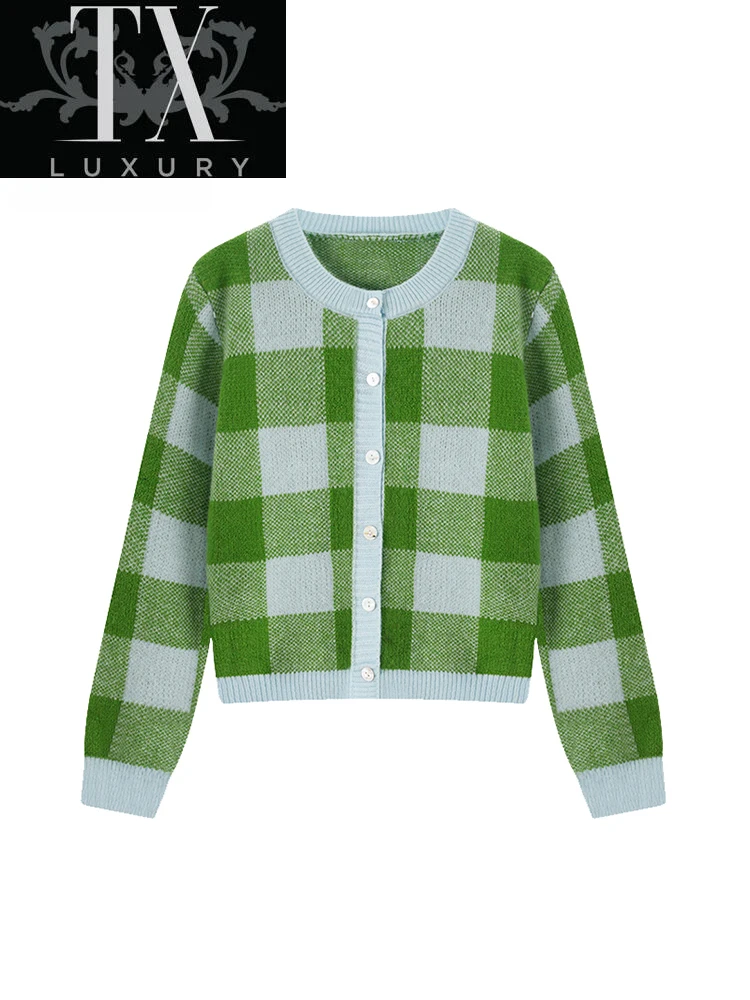 

Корейский короткий вязаный свитер с круглым вырезом, Женский клетчатый кардиган, модный однобортный Топ с длинным рукавом в стиле преппи, ж...