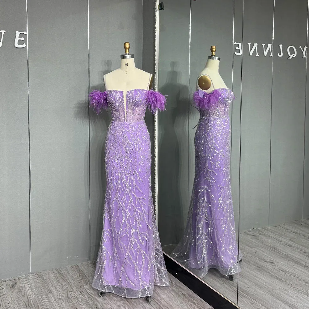 

Luxury Purple Feathers Long Prom Dresses Off Shoulder Mermaid Sequined Formal Dubai Party Gown Lace-up Tulle
