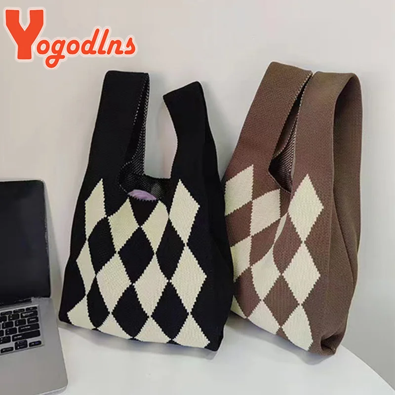 

Knitted Wool Shoulder Bag for Women Wintter Plaid Handbag Large Capacity Shopping Totes Gilrs Underarm Bags sac