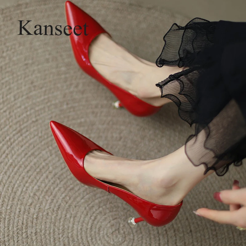 

Kanseet Spring New Women's Pumps Sexy Pointed Toe Genuine Leather Elegant Handmade Wedding Party High Heels Ladies Shoes Red 40